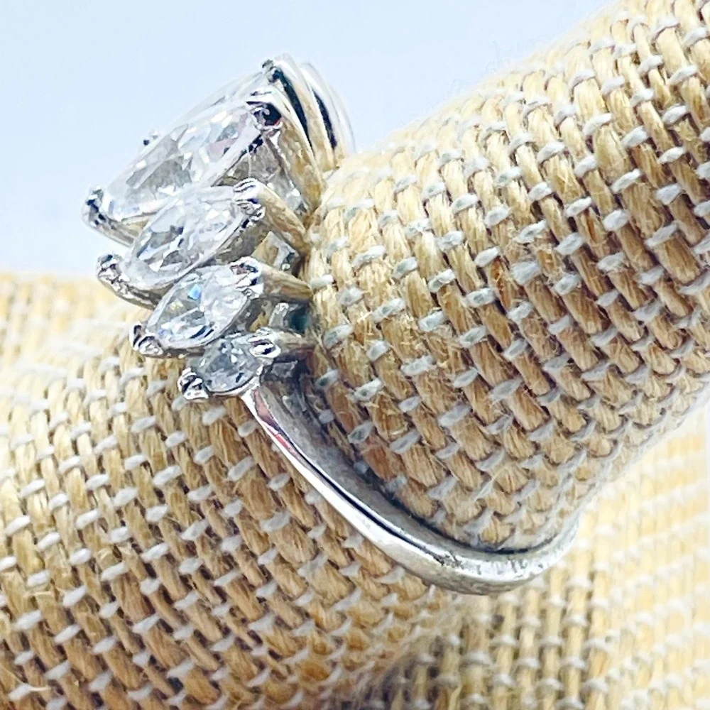 Clear Rhinestone Statement Ring Silver Tone Marquise Cut Cocktail Dinner Bridal